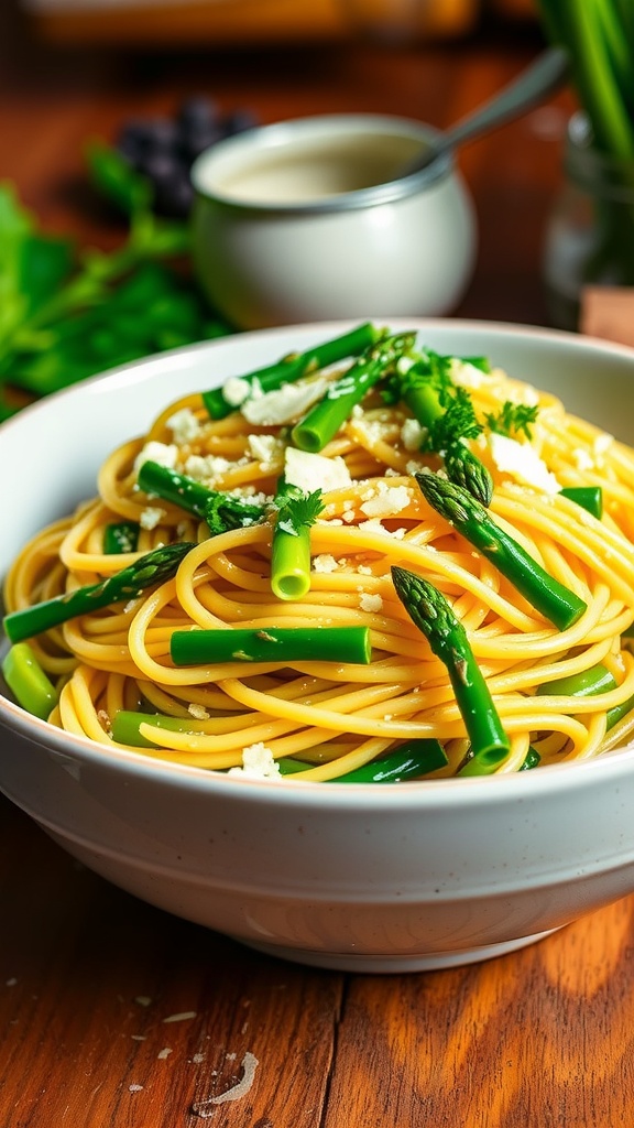 A bowl of garlic butter asparagus noodles with asparagus pieces, garnished with Parmesan cheese and parsley.